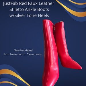 JustFab Red Stiletto Ankle Boots with Silver Accents